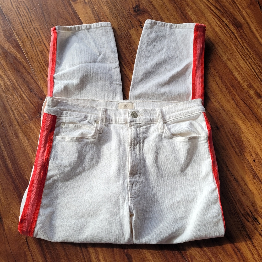 MOTHER Cropped Jeans in White with Red Accent - Picture 6 of 15